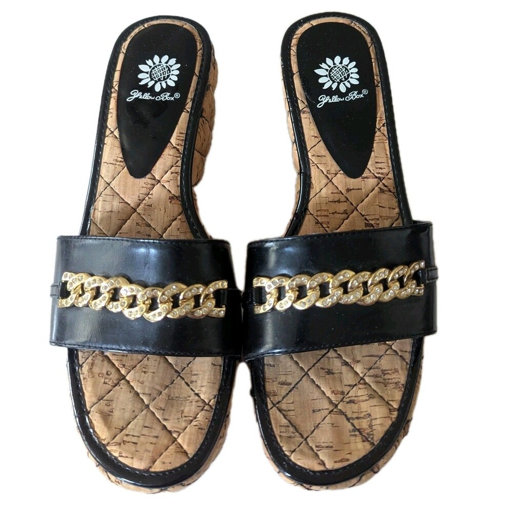 Yellow Box Cork Wedge Heels Black Leather Upper Rhinestone Buckle SZ 9 Coriander